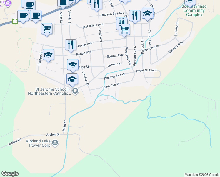map of restaurants, bars, coffee shops, grocery stores, and more near 4 Baron Street in Kirkland Lake