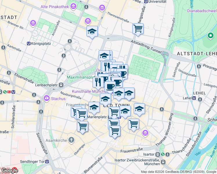 map of restaurants, bars, coffee shops, grocery stores, and more near 15 Theatinerstraße in München