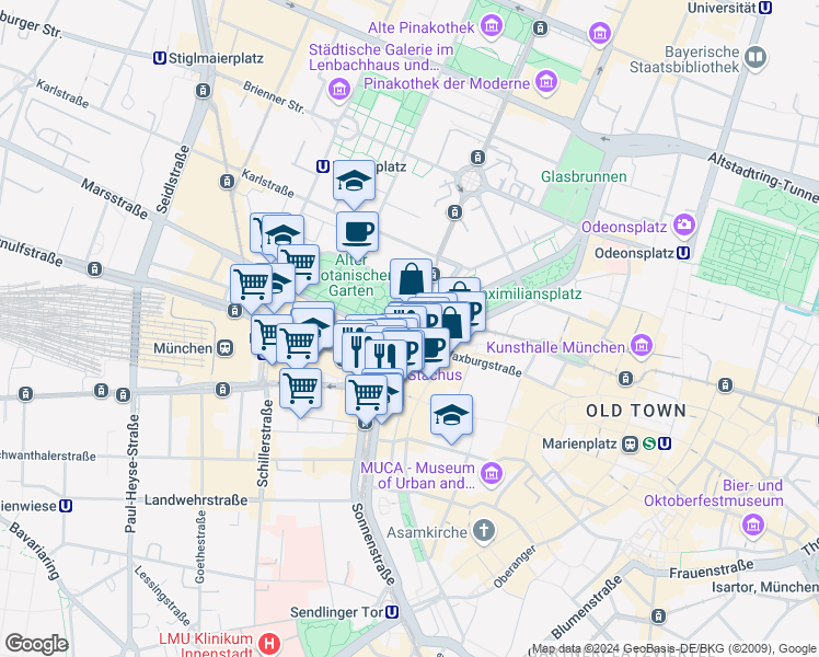 map of restaurants, bars, coffee shops, grocery stores, and more near 1 Lenbachplatz in München