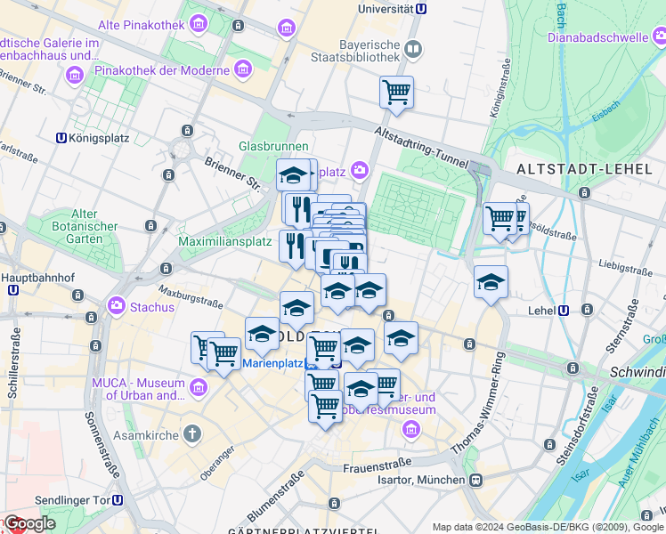 map of restaurants, bars, coffee shops, grocery stores, and more near 15 Theatinerstraße in München