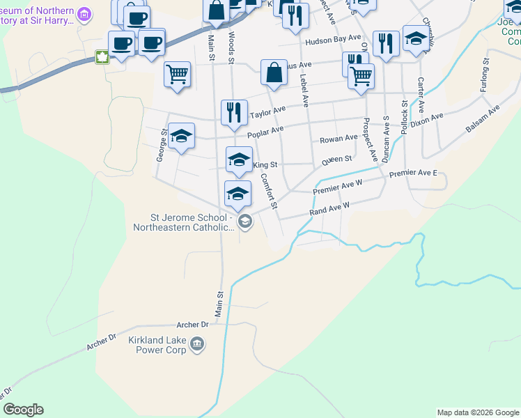 map of restaurants, bars, coffee shops, grocery stores, and more near 79 Queen Street in Kirkland Lake