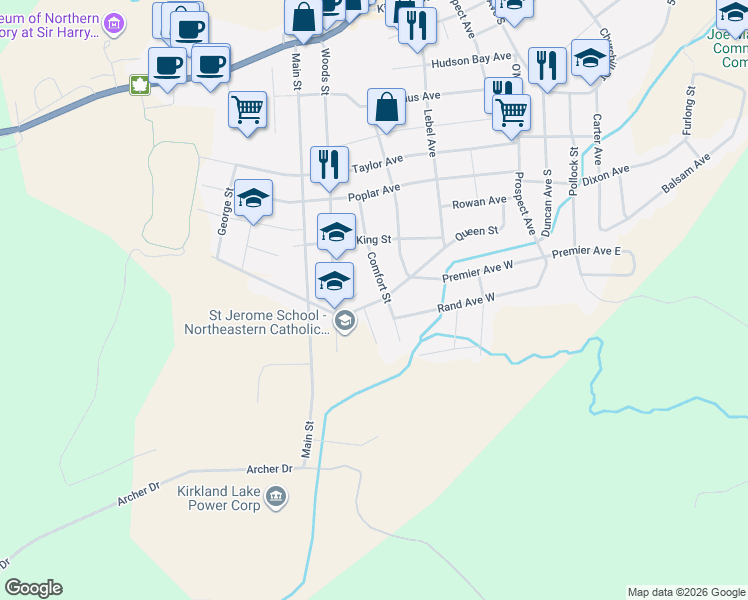 map of restaurants, bars, coffee shops, grocery stores, and more near 79 Queen Street in Kirkland Lake