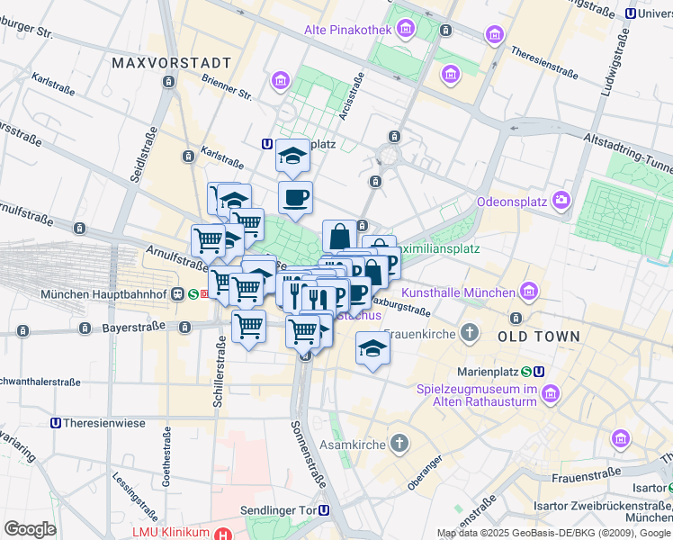 map of restaurants, bars, coffee shops, grocery stores, and more near 1 Lenbachplatz in München