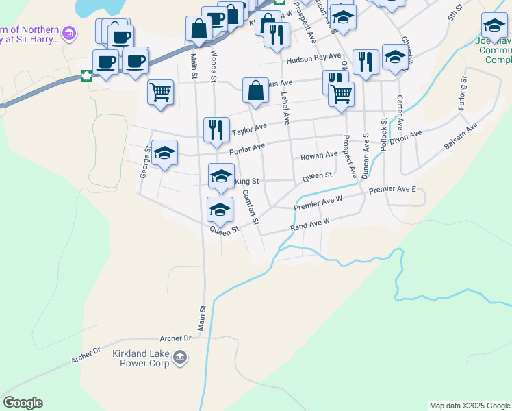 map of restaurants, bars, coffee shops, grocery stores, and more near 38 Comfort Street in Kirkland Lake