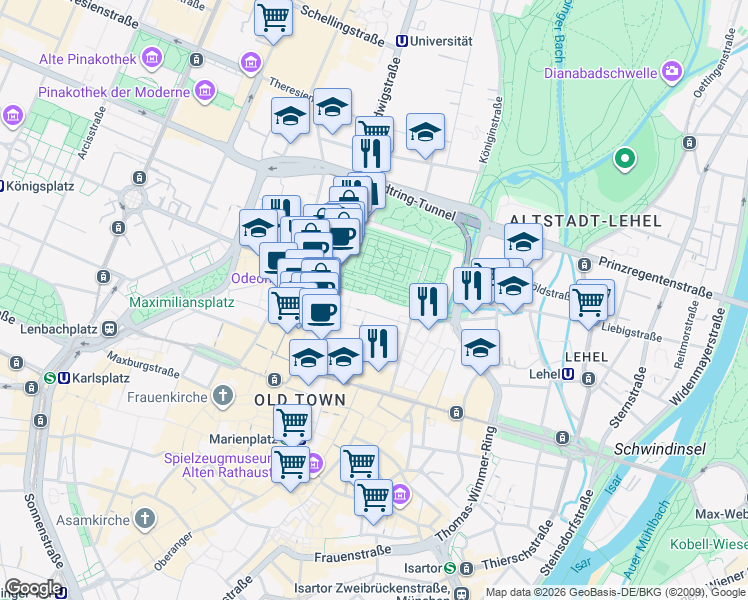 map of restaurants, bars, coffee shops, grocery stores, and more near 1 Residenzstraße in Munich