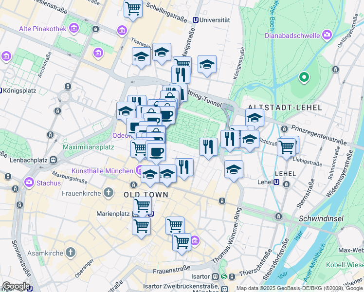 map of restaurants, bars, coffee shops, grocery stores, and more near 1 Residenzstraße in Munich