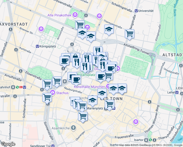 map of restaurants, bars, coffee shops, grocery stores, and more near 13 Maximiliansplatz in Munich