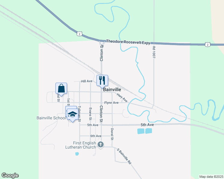 map of restaurants, bars, coffee shops, grocery stores, and more near in Bainville