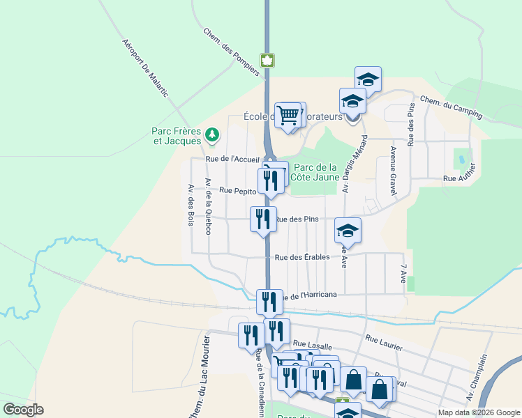 map of restaurants, bars, coffee shops, grocery stores, and more near 1261 Rue Royale in Malartic