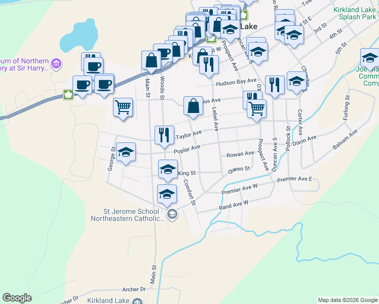 map of restaurants, bars, coffee shops, grocery stores, and more near 71 Poplar Avenue in Kirkland Lake