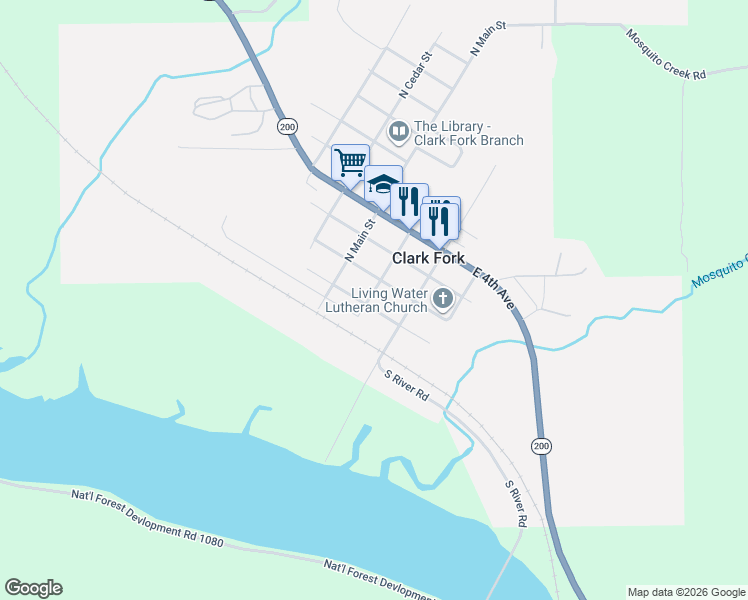 map of restaurants, bars, coffee shops, grocery stores, and more near 205 East 1st Avenue in Clark Fork