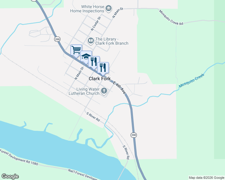map of restaurants, bars, coffee shops, grocery stores, and more near 302 North Callahan Street in Clark Fork