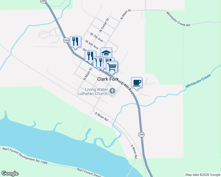 map of restaurants, bars, coffee shops, grocery stores, and more near 318 3rd Avenue in Clark Fork