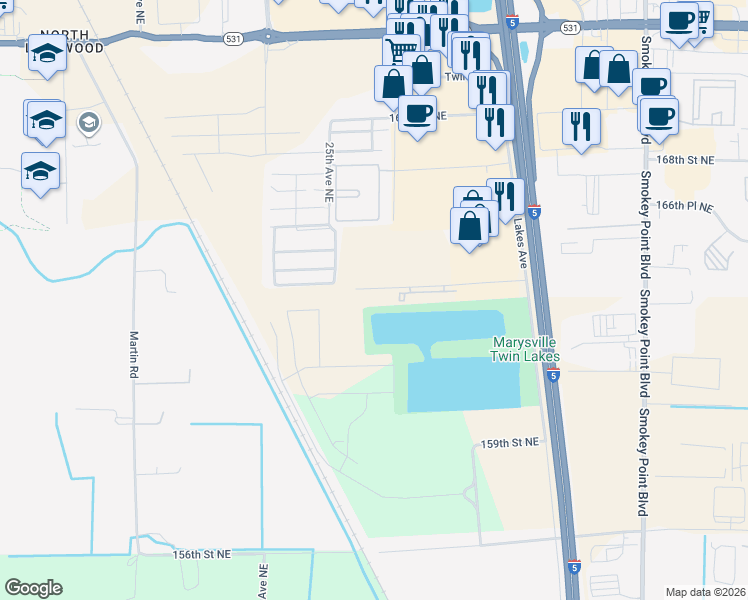 map of restaurants, bars, coffee shops, grocery stores, and more near 2820 164th Street Northeast in Marysville