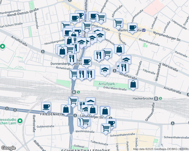 map of restaurants, bars, coffee shops, grocery stores, and more near Luise-Ullrich-Straße in München