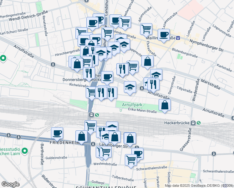 map of restaurants, bars, coffee shops, grocery stores, and more near Luise-Ullrich-Straße in München