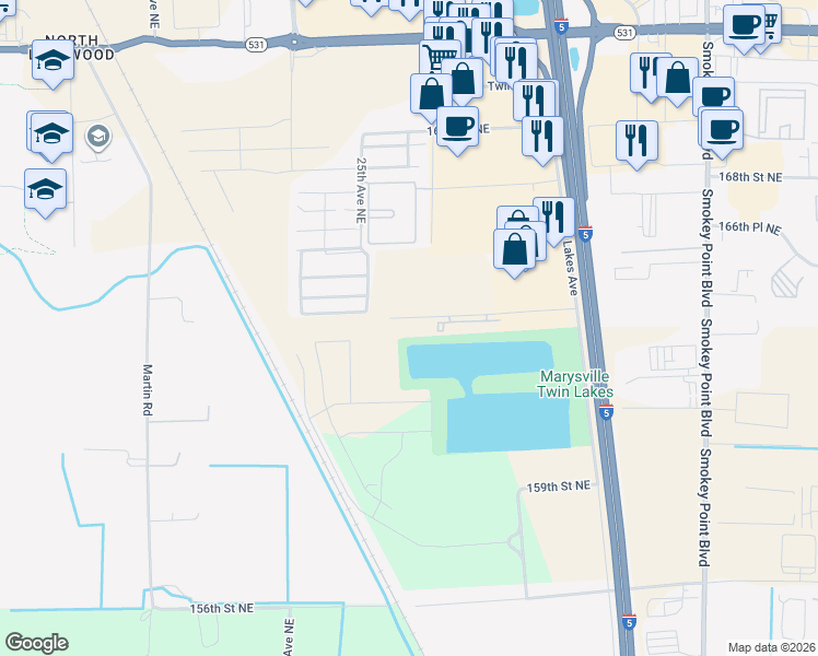 map of restaurants, bars, coffee shops, grocery stores, and more near 2820 164th Street Northeast in Marysville