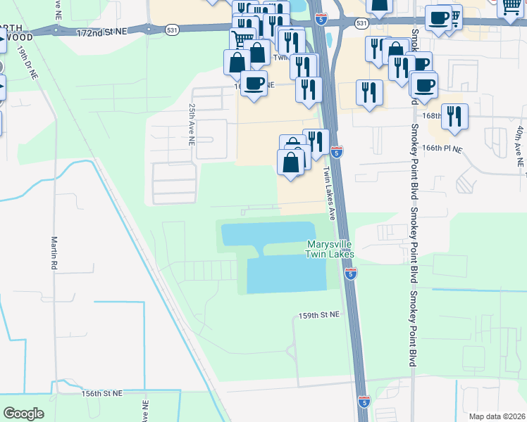 map of restaurants, bars, coffee shops, grocery stores, and more near 2820 164th Street Northeast in Marysville
