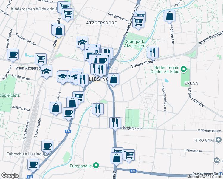 map of restaurants, bars, coffee shops, grocery stores, and more near in Vienna