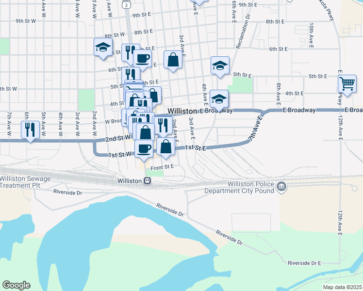 map of restaurants, bars, coffee shops, grocery stores, and more near 106 2nd Avenue East in Williston