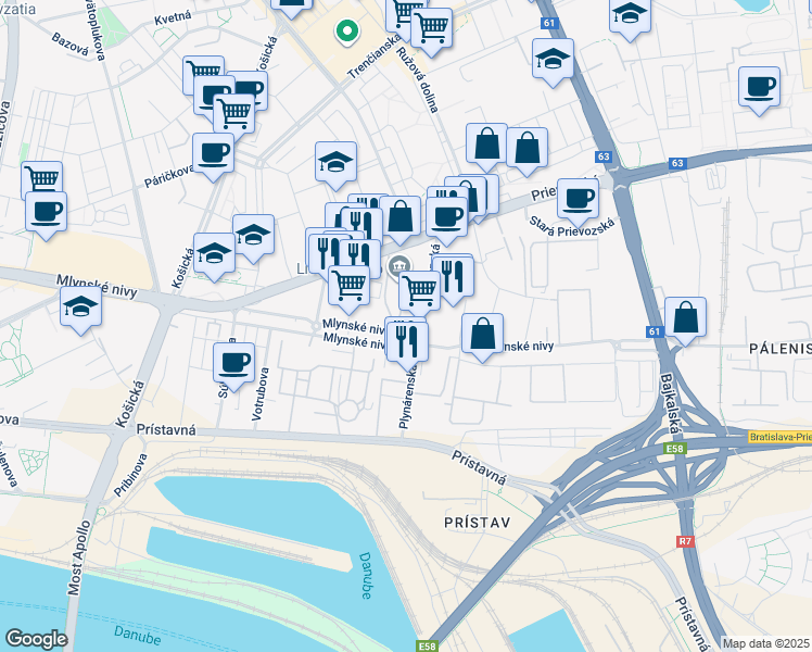 map of restaurants, bars, coffee shops, grocery stores, and more near 55 Mlynské nivy in Bratislava II