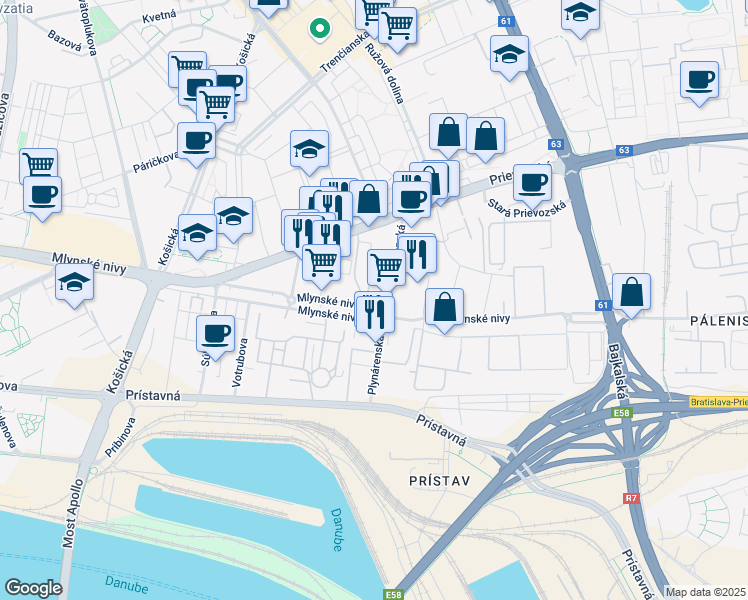 map of restaurants, bars, coffee shops, grocery stores, and more near 55 Mlynské nivy in Bratislava II