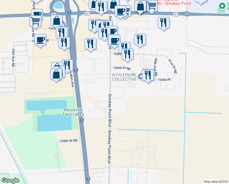 map of restaurants, bars, coffee shops, grocery stores, and more near 16405 Smokey Point Boulevard in Arlington