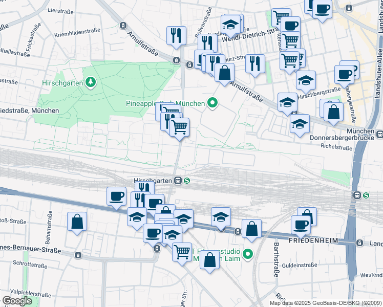map of restaurants, bars, coffee shops, grocery stores, and more near 36 Birketweg in München