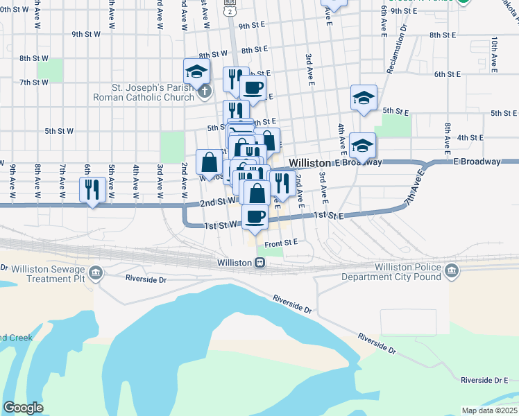 map of restaurants, bars, coffee shops, grocery stores, and more near 10 2nd Avenue East in Williston