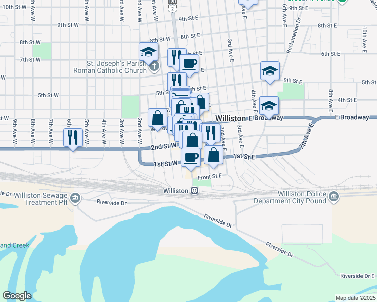 map of restaurants, bars, coffee shops, grocery stores, and more near 10 2nd Avenue East in Williston