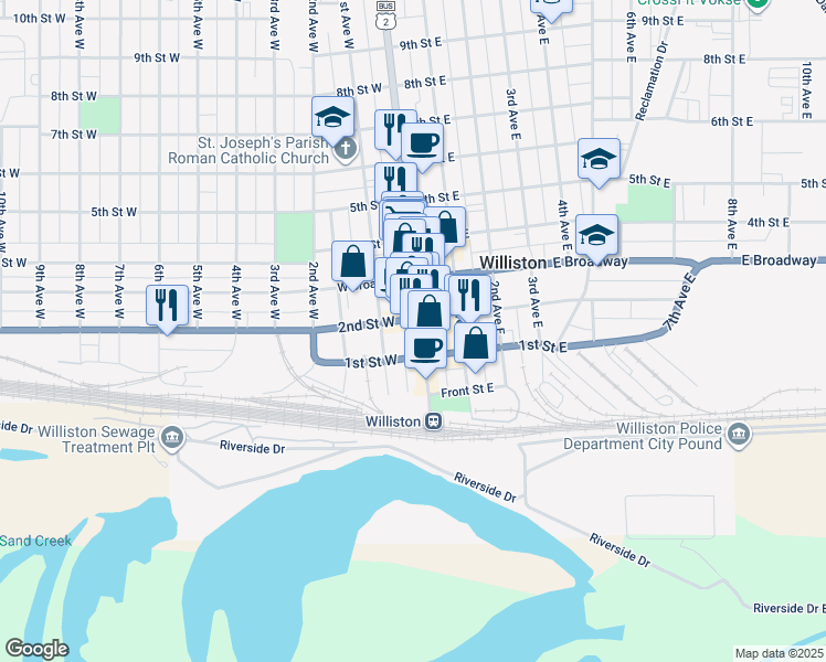 map of restaurants, bars, coffee shops, grocery stores, and more near 10 2nd Avenue East in Williston