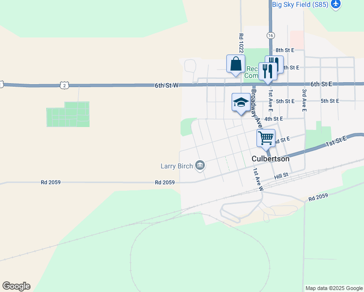 map of restaurants, bars, coffee shops, grocery stores, and more near 426 3rd Street West in Culbertson