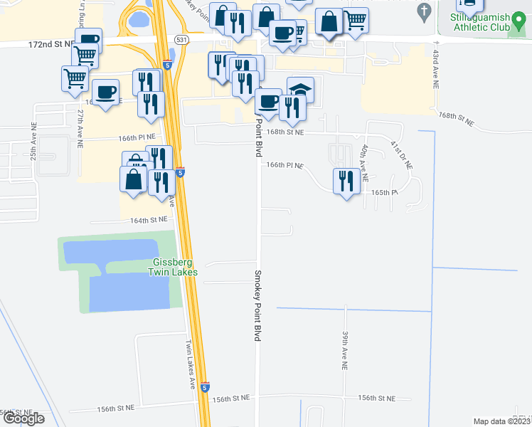map of restaurants, bars, coffee shops, grocery stores, and more near 16405 Smokey Point Boulevard in Arlington