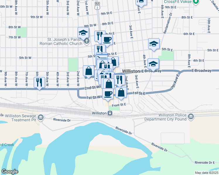 map of restaurants, bars, coffee shops, grocery stores, and more near 10 2nd Avenue East in Williston