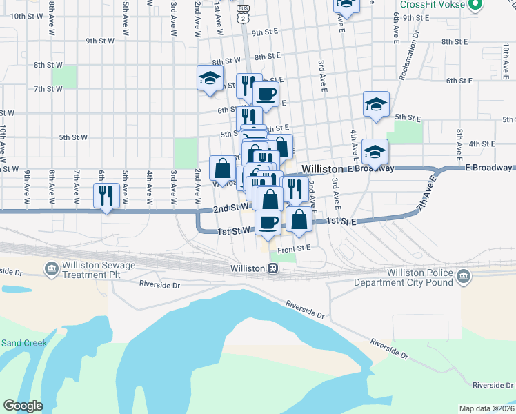 map of restaurants, bars, coffee shops, grocery stores, and more near 125 Main Street in Williston