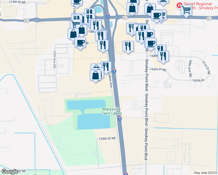 map of restaurants, bars, coffee shops, grocery stores, and more near 16410 Twin Lakes Avenue in Marysville