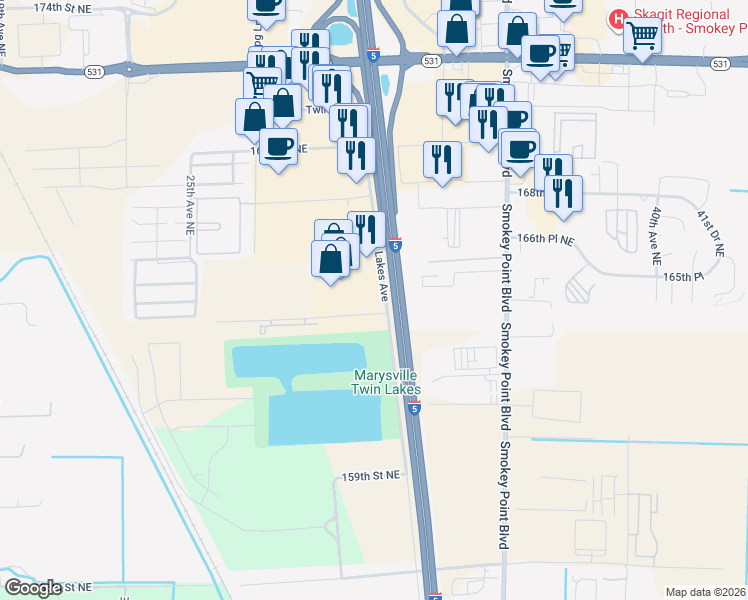 map of restaurants, bars, coffee shops, grocery stores, and more near 16410 Twin Lakes Avenue in Marysville