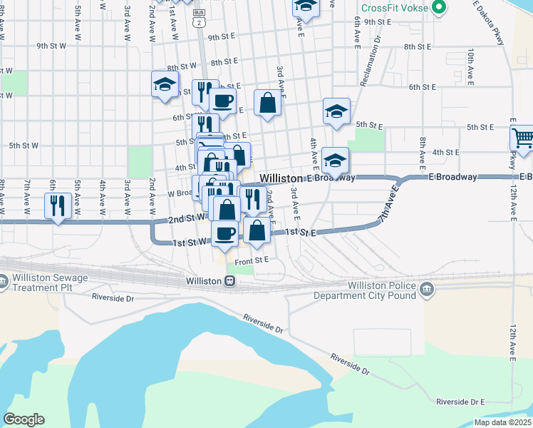 map of restaurants, bars, coffee shops, grocery stores, and more near 106-198 2nd Ave E in Williston