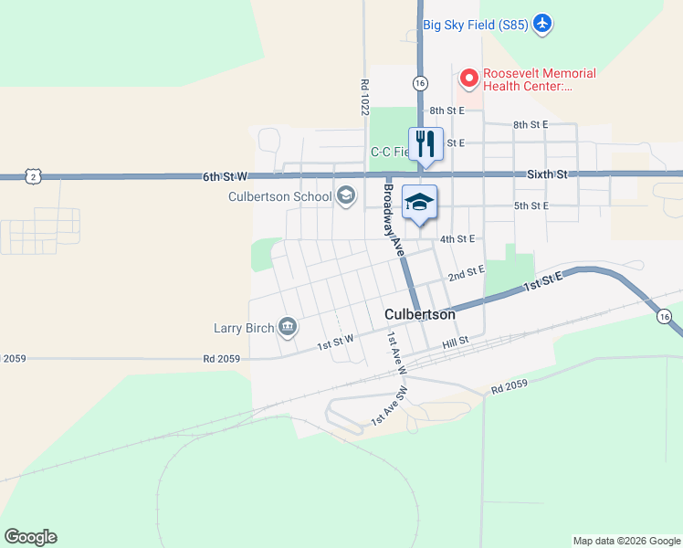 map of restaurants, bars, coffee shops, grocery stores, and more near 201 3rd Street West in Culbertson