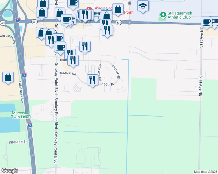 map of restaurants, bars, coffee shops, grocery stores, and more near 16416 41st Avenue Northeast in Arlington