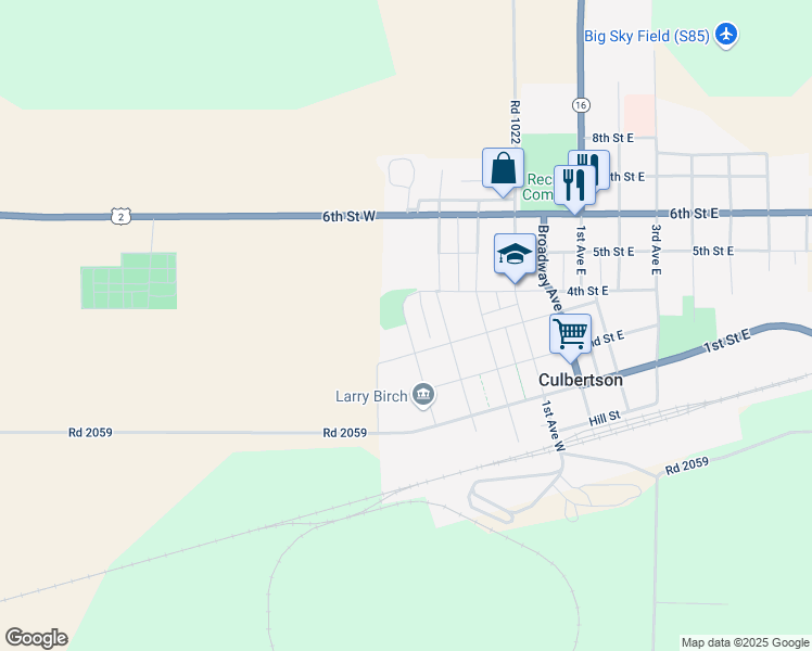 map of restaurants, bars, coffee shops, grocery stores, and more near 426 3rd Street West in Culbertson