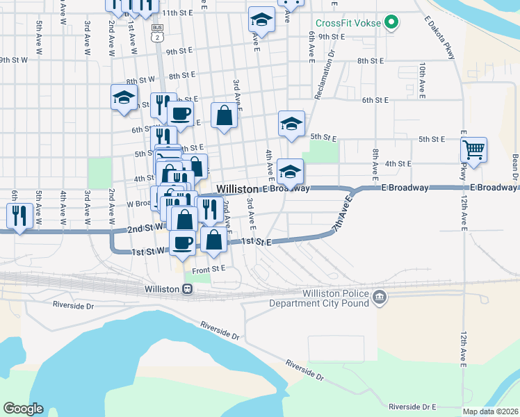 map of restaurants, bars, coffee shops, grocery stores, and more near 303 2nd Street East in Williston