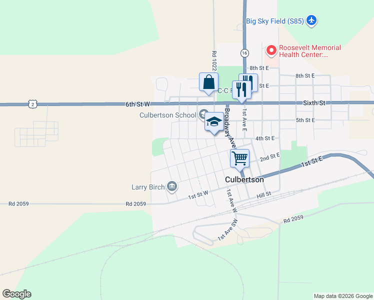 map of restaurants, bars, coffee shops, grocery stores, and more near 201-299 3rd Street West in Culbertson