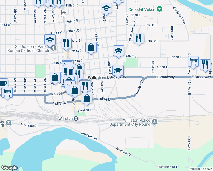 map of restaurants, bars, coffee shops, grocery stores, and more near 303 2nd Street East in Williston