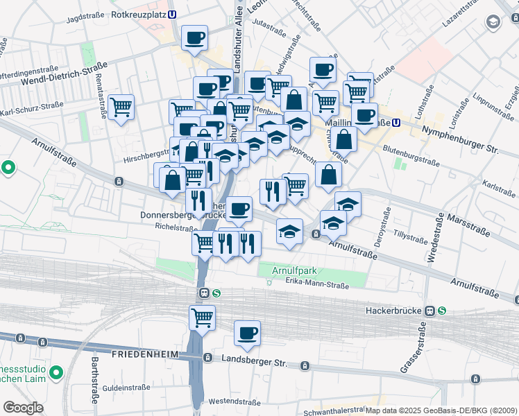 map of restaurants, bars, coffee shops, grocery stores, and more near 122 Arnulfstraße in München