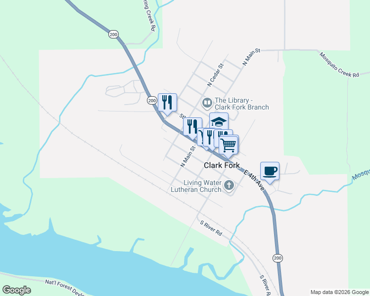 map of restaurants, bars, coffee shops, grocery stores, and more near 106 2nd Avenue in Clark Fork