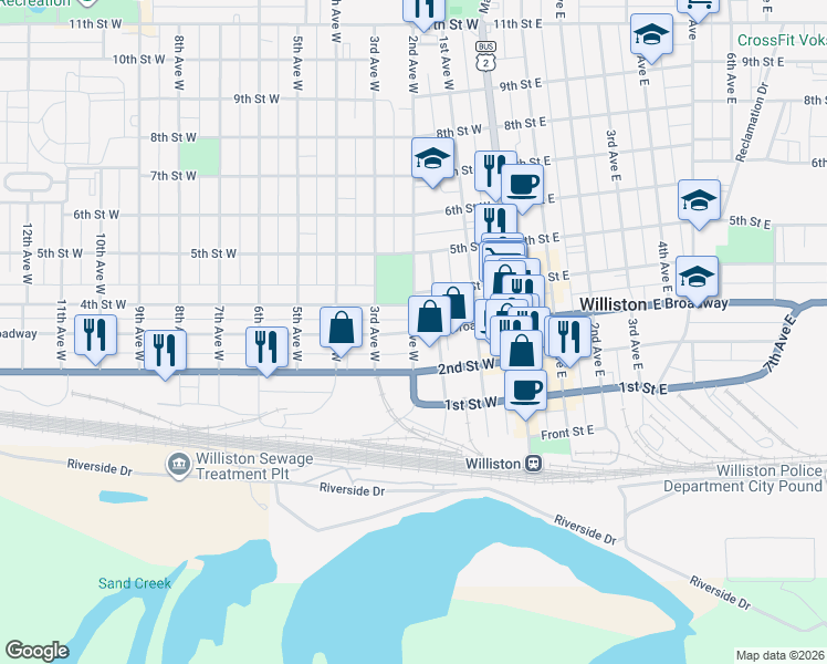 map of restaurants, bars, coffee shops, grocery stores, and more near 301 2nd Avenue West in Williston
