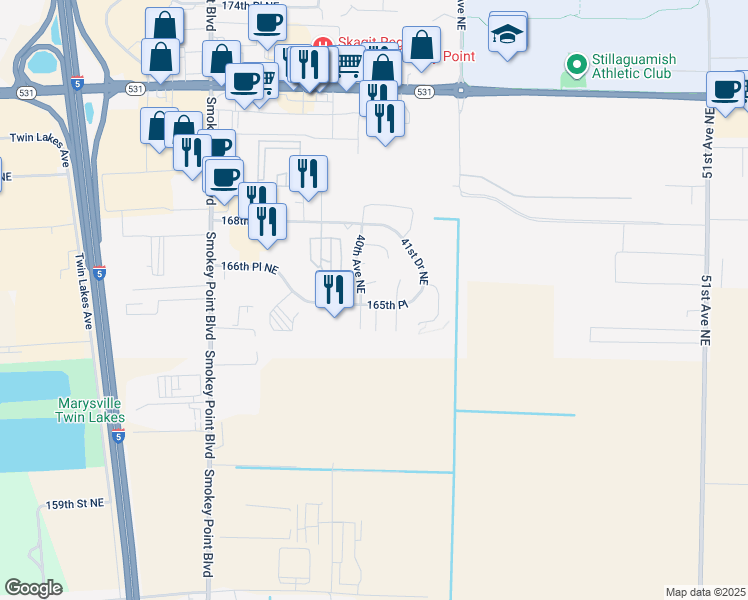 map of restaurants, bars, coffee shops, grocery stores, and more near 4007 166th Street Northeast in Arlington