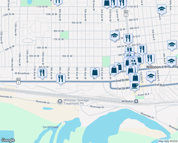 map of restaurants, bars, coffee shops, grocery stores, and more near 414 West Broadway in Williston