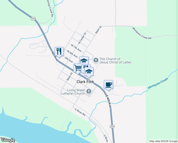 map of restaurants, bars, coffee shops, grocery stores, and more near 210 5th Avenue in Clark Fork